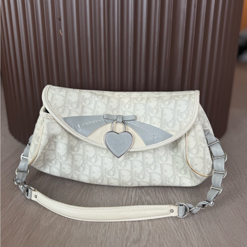 Dior Cream & Gray Heart Charm Shoulder Bag